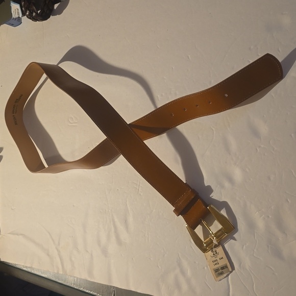 Vintage Leana Shop Mens TAN Leather Belt unique Gold Buckle New  Sz.2X - Picture 8 of 10